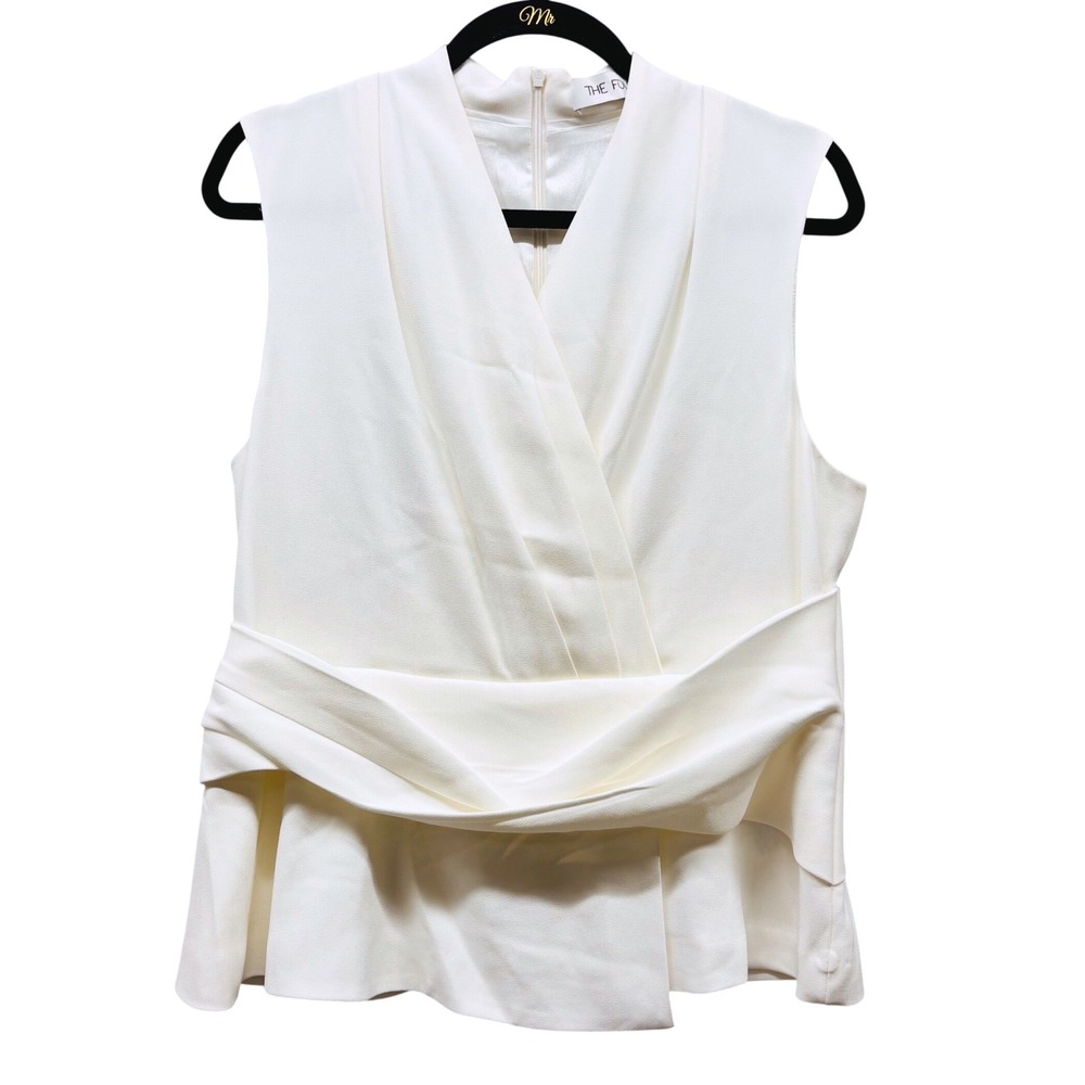 The Fold London Ivory White Wrap Peplum Sleeveless Crepe Top Blouse US 12 UK 16